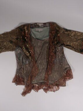 Spencer Alexis 2pc Set M Green Mesh Lace Sequin Ruffle Layered Art To Wear Boho